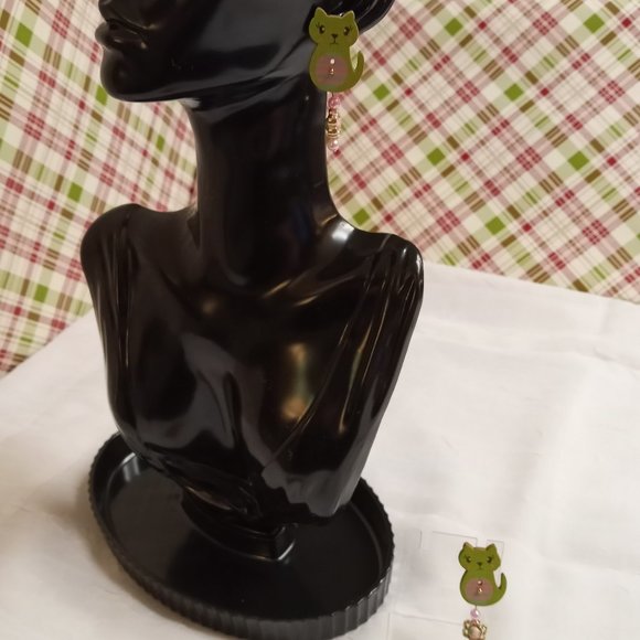 Home Made Handmade Wood & Metal Cat Green & Pink Button Earrings #46 - Picture 6 of 13